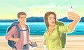 A beautiful girl tourist with a backpack makes a selfie with her boyfriend. Against the backdrop of a tropical beach Royalty Free Stock Photo