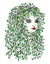 Beautiful girl with tree branches with green leaves as hair. Royalty Free Stock Photo