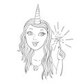 Beautiful girl with a unicorn horn and a magic wand. Fairy. Enchantress. Print. Vector illustration