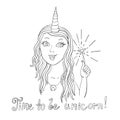 Beautiful girl with a unicorn horn and a magic wand. Fairy. Enchantress. Print. Vector illustration