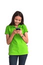 Beautiful girl using smart phone on white background Royalty Free Stock Photo