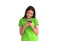 Beautiful girl using smart phone on white background Royalty Free Stock Photo