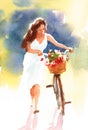Beautiful Girl Walking a Vintage Bicycle with a flower basket Watercolor Summer Garden Illustration Hand Painted Royalty Free Stock Photo