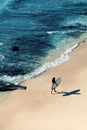 Beautiful girl walks with a surfboard on a wild beach Royalty Free Stock Photo