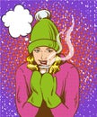 Beautiful girl in warm hat and gloves holding hot drink. Winter warmup concept retro comic pop art style