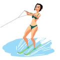 Beautiful girl on water ski. Young woman on summer vacation. Vector flat cartoon illustration on a isolated background