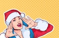 Beautiful Girl Wear Santa Costume Screaming, Merry Christmas And Happy New Year Concept Retro Pop Art Style