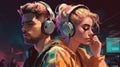 Beautiful girl wearing headphones listens to music with her beautiful boyfriend, enjoying it created with generative AI