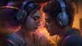 Beautiful girl wearing headphones listens to music with her beautiful boyfriend, enjoying it created with generative AI