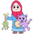 A beautiful girl wearing a Muslim hijab with her pet cat celebrating Eid. doodle icon image kawaii Royalty Free Stock Photo