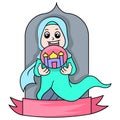 Beautiful girl wearing a Muslim hijab praying Eid al Fitr banner template. doodle icon image kawaii