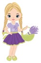 Beautiful Cute Girl Holding Basket of Lavender. Vector Blond Girl with Lavender