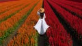 Beautiful girl in white dress travel at Celosia flowers fields, Chiang Mai