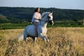 Beautiful girl with white horse in field Royalty Free Stock Photo