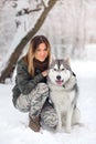 Beautiful girl in the winter wood plays with a dog huskies. Beautiful snow wood. Royalty Free Stock Photo