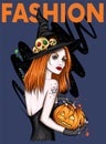 Beautiful girl in a witch costume. Woman with a pumpkin. Halloween Fashion and style, clothes and accessories, hipsters.