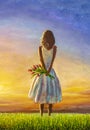 Beautiful girl woman mom with a bouquet of flowers in a summer field admires colorful sunset dawn. Oil painting