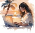 beautiful girl working on a laptop by the sea