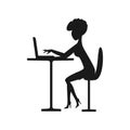 Beautiful girl writes or receive love letter by Internet, dark silhouette, logo, icon.