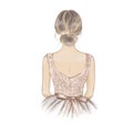 Beautiful Girl, Young Woman in fancy dress, back view. Bride, princess, ballerina. Hand drawn illustration in pastel