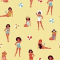 Beautiful girls on beach. Retro seamless pattern. Royalty Free Stock Photo