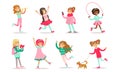 Beautiful Girls Doing Different Activities Set, Cute Adorable Girls in Fashionable Clothes Vector Illustration