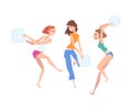 Beautiful Girls Dressed in Pajamas Playing Pillow Fight at Slumber Party, Group of Girlfriends, Female Friendship Vector