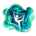 Girl gymnast silhouettes dancing with ball, hoop, ribbon, vector illustration in paper art style. Rhythmic gymnastics.