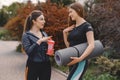 Sports girls training in a summer forest Royalty Free Stock Photo