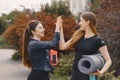 Sports girls training in a summer forest Royalty Free Stock Photo