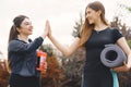 Sports girls training in a summer forest Royalty Free Stock Photo