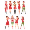 Beautiful Girls Wearing Red Santa Claus Costumes Collection, Happy Young Women in Christmas Clothes Vector Illustration Royalty Free Stock Photo