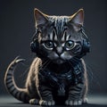 A cat with Beautifull eyes is wearing a robot helmet, ai generated