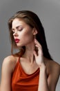 Beautiful glamor woman passion red dress cosmetics Royalty Free Stock Photo