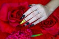 Beautiful glamorous fashionista woman acrylic fingernail coffin style painting trendy flame on thumb nail mysterious 3D black
