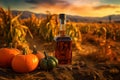 Beautiful glass bottle of pumpkin oil with orange and green pumpkins are standing on ground in field. Generative ai