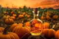 Beautiful glass bottle of pumpkin oil with orange and green pumpkins are standing on ground in field