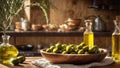 Beautiful glass bottles virgin oil, homemade ripe olives, cooking food organic mediterranean background of the kitchen healthy