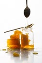 A beautiful glass jar with a piece of honeycomb with transparent honey, a golden spoon pours honey Royalty Free Stock Photo