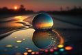 Beautiful glass sphere with water drops on a sunset background. 3d rendering Royalty Free Stock Photo