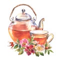 Beautiful glass teapot and cup of tea with dog roses flowers. Watercolor vintage design teapot illustration, isolate on Royalty Free Stock Photo