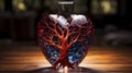 Beautiful Glass Wine Decanter In Heart, Tree Shape On Wooden Table. It Aerate Red Wine By