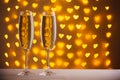 Beautiful glasses of champagne on a blurred background of hearts