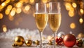 Beautiful glasses with champagne, bokeh, festive background, Christmas balls