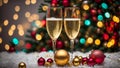 Beautiful glasses with champagne, bokeh, festive background, Christmas balls wine