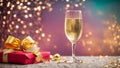 Beautiful glasses champagne, card , festive background gift box with bow party shiny