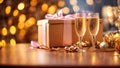 Beautiful glasses champagne, celebrate , festive background gift box with bow party shiny