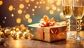 Beautiful glasses champagne, elegance , festive background gift box with bow party shiny