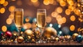 Beautiful glasses with champagne, invitation , holiday christmas festive background, Christmas balls wine Royalty Free Stock Photo