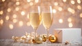 Beautiful glasses champagne, modern , festive background gift box with bow party shiny